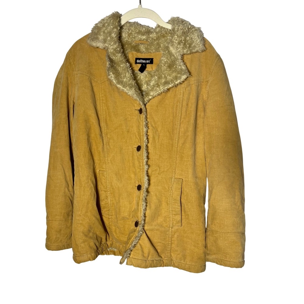 Dollhouse Y2K Penny Lane Inspo Corduroy Jacket Khaki Tan Faux Fur Trim Medium